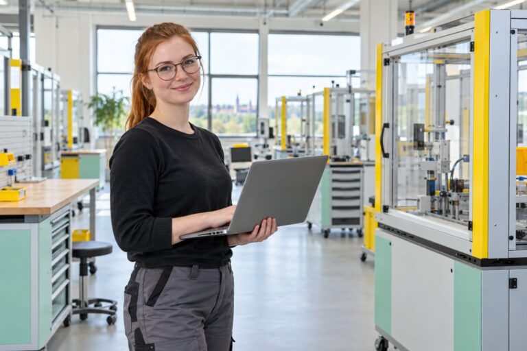 Frau mit Laptop in einem hellen technischen Schulungsraum.