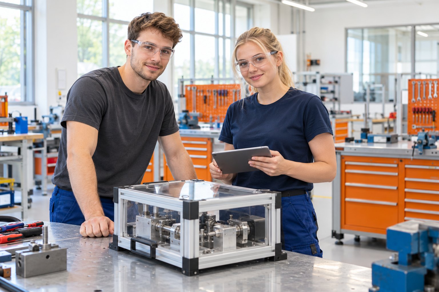 Zwei Personen mit Schutzbrillen und Tablet an einem geschlossenen technischen Übungsmodell.