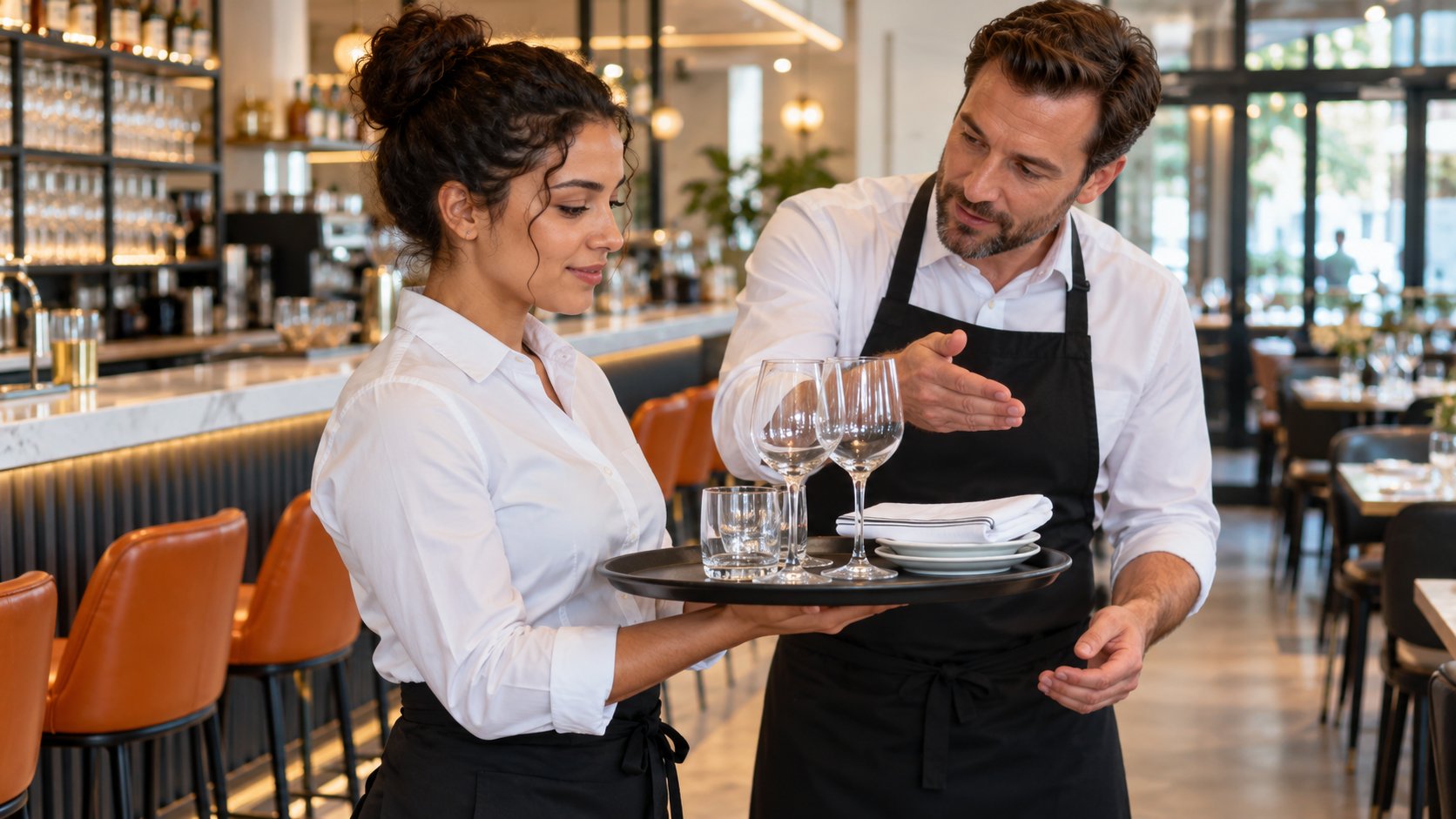 Erwachsene üben einen Serviceablauf in einem modernen französischen Restaurant