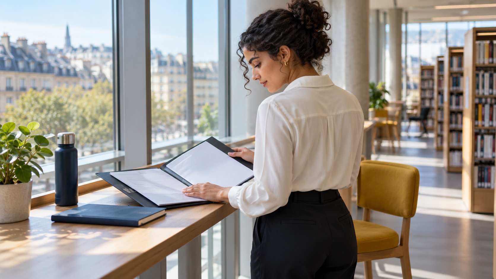 Erwachsene Bewerberin in Frankreich arbeitet an ihren beruflichen Unterlagen
