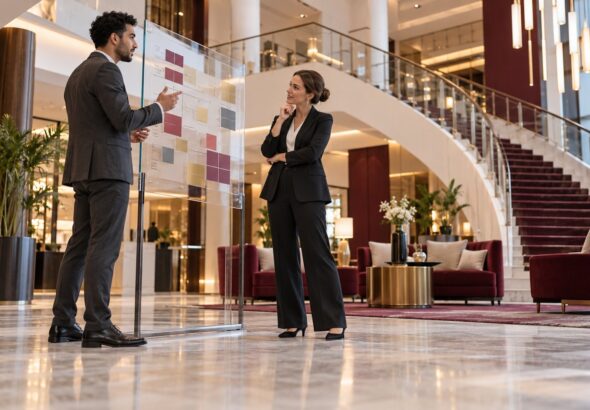 Berufliche Auswahlbesprechung im modernen Hotelumfeld