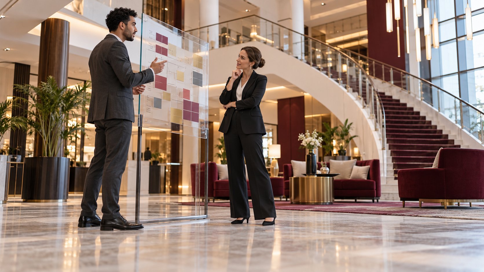 Berufliche Auswahlbesprechung im modernen Hotelumfeld