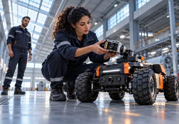 Tunesische Fachkraft prüft den Sensor eines mobilen Roboters