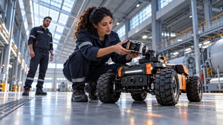 Tunesische Fachkraft prüft den Sensor eines mobilen Roboters