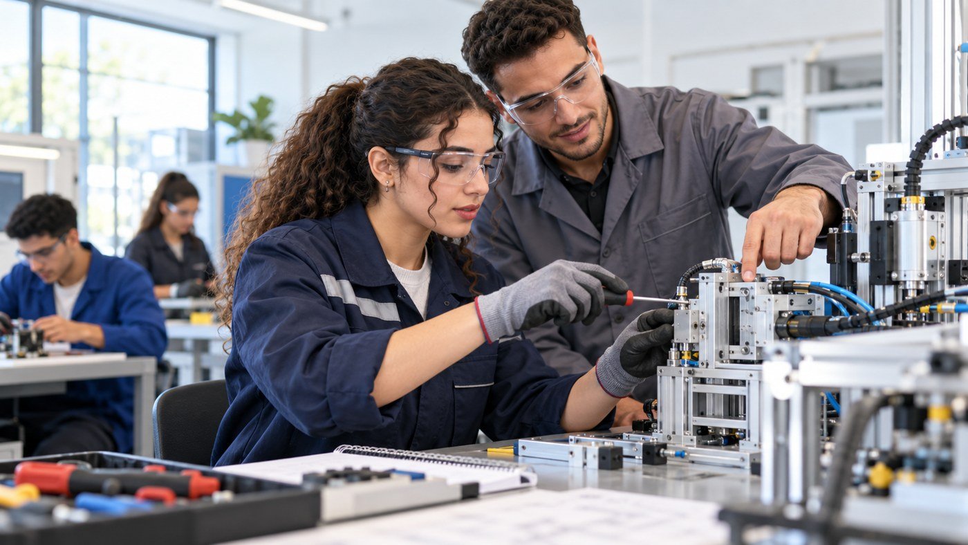 Tunesische Erwachsene prüfen eine technische Übungsanlage