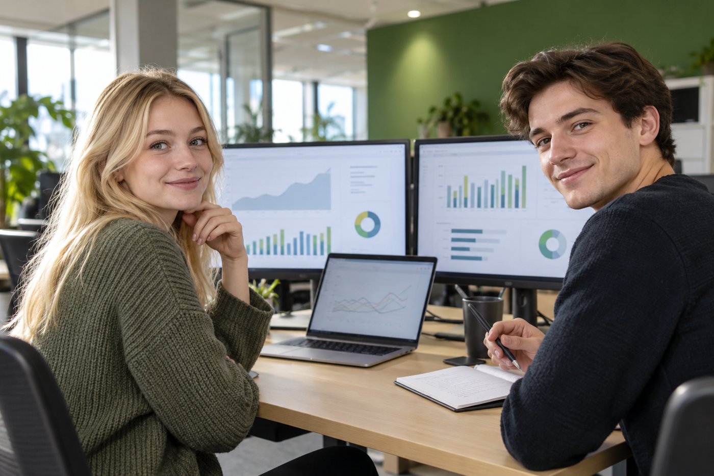 Zwei Personen an einem Arbeitsplatz mit Diagrammen auf Monitoren.