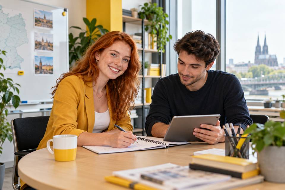 Lehrerin und erwachsener Teilnehmer arbeiten mit Notizbuch und Tablet.