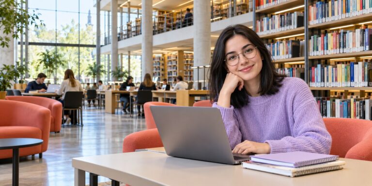 Studentin mit Laptop und Notizbüchern in einer hellen Hochschulbibliothek.