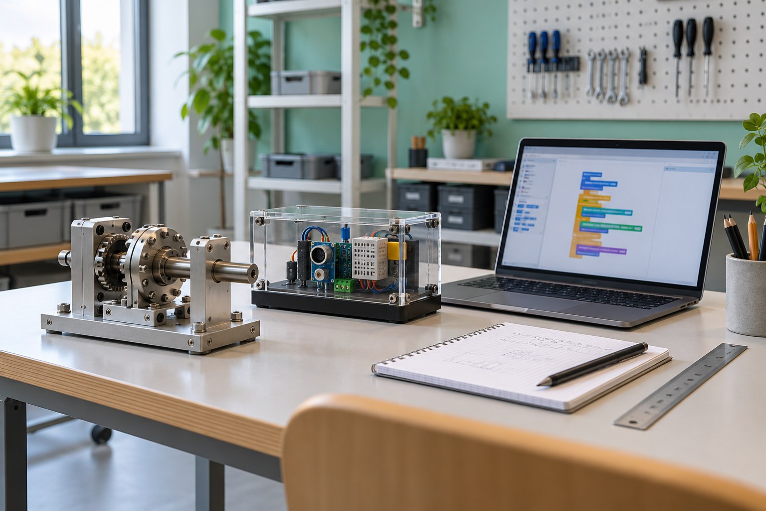 Mechanisches Lehrmodell, geschütztes Elektronikmodul und Laptop an einem Tisch