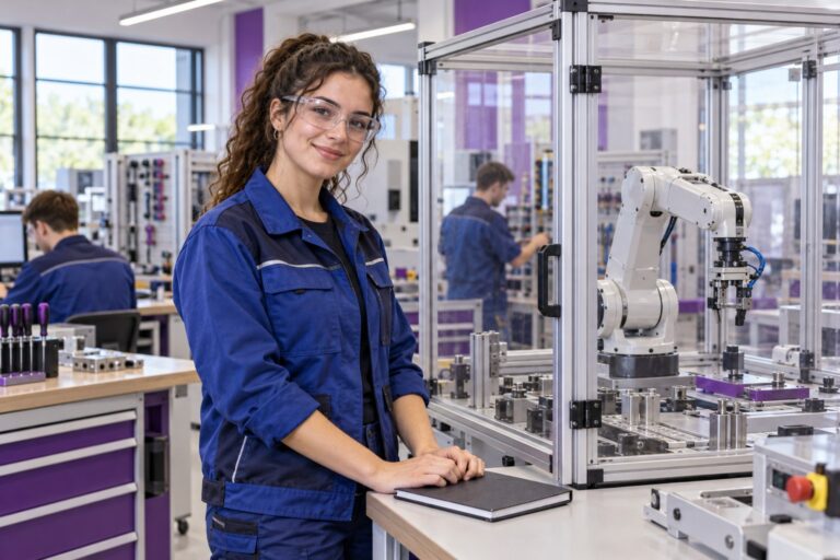 Frau in Arbeitskleidung neben einer geschlossenen Roboterlehrzelle