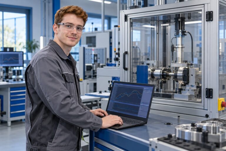 Mann mit Laptop neben einem geschlossenen mechanischen Prüfaufbau