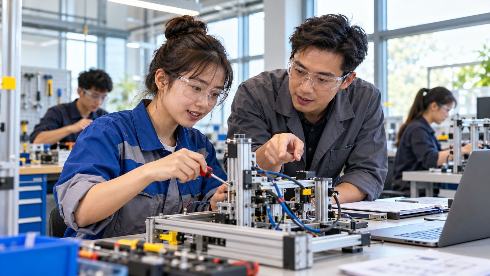 Erwachsene aus Vietnam bei praktischer technischer Weiterbildung