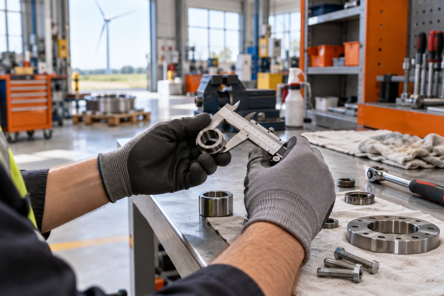 Behandschuhte Hände prüfen ein kleines Bauteil mit einem Messschieber.