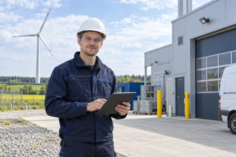Mann mit Schutzhelm, Schutzbrille und Tablet vor einer Windenergieanlage.
