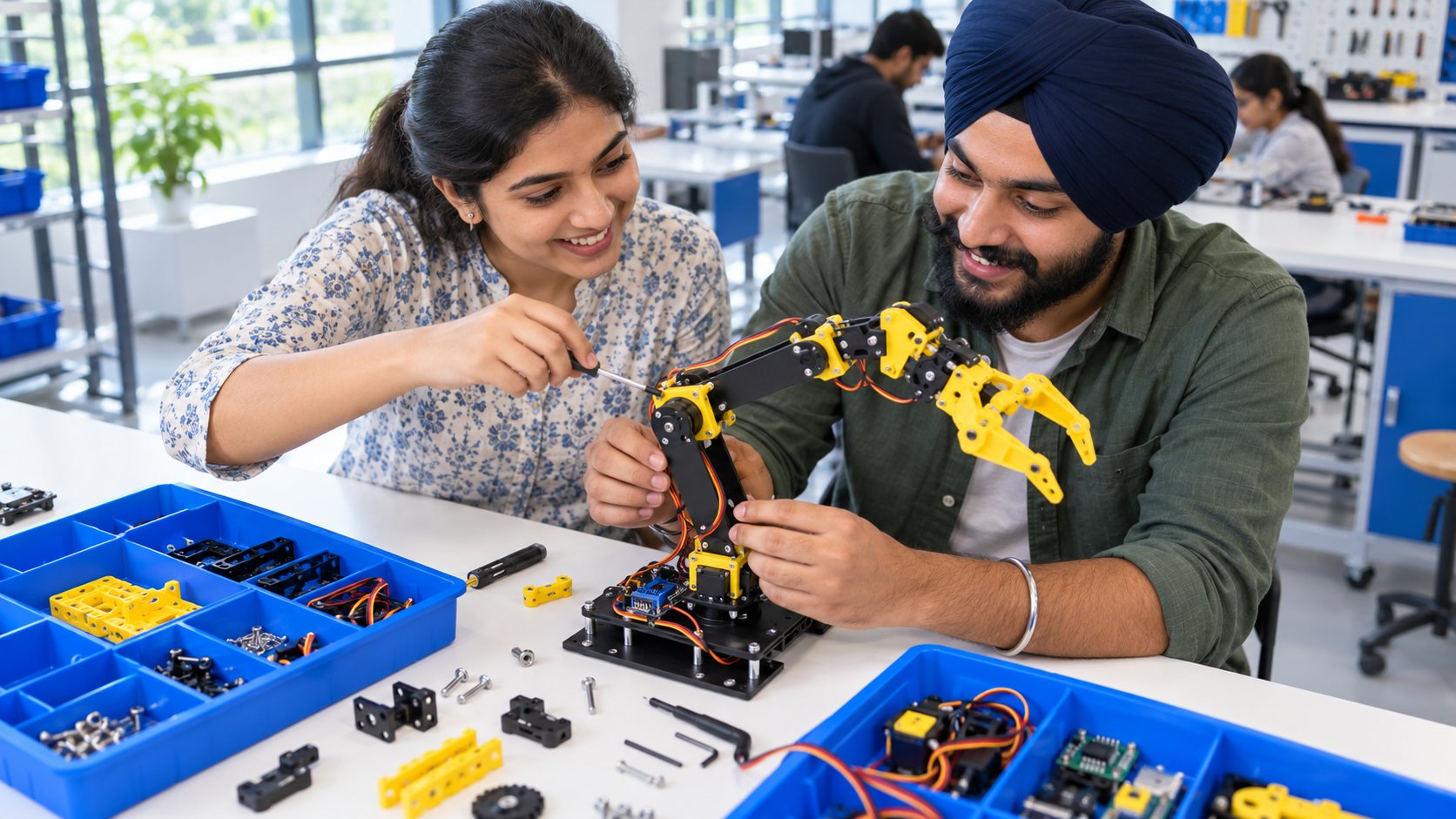 Erwachsene Lernende in Indien arbeiten gemeinsam an einer technischen Studienaufgabe