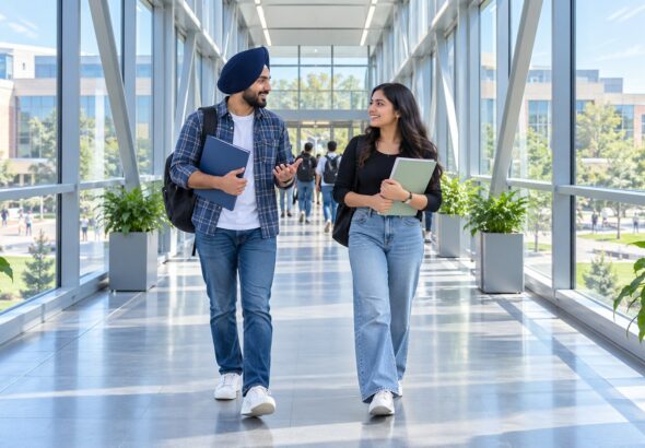 Erwachsene Studierende aus Indien auf einer modernen Campusbrücke
