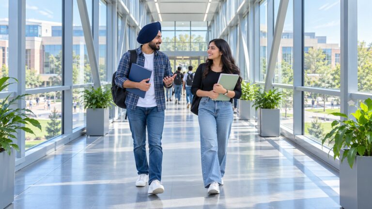 Erwachsene Studierende aus Indien auf einer modernen Campusbrücke
