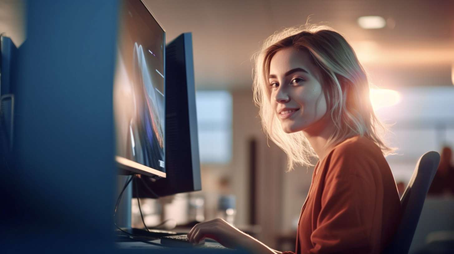 Eine junge Frau am Computer während ihrer Ausbildung zum Mediengestalter